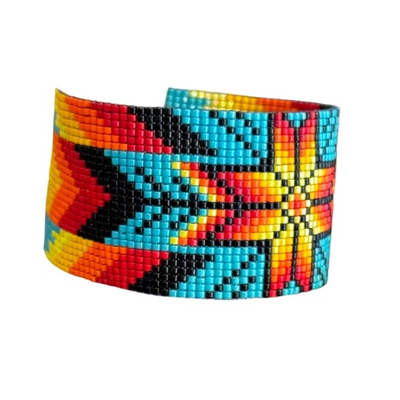 Native American Beaded Wide 1.4 inch Adjustable Cuff Bracelet w/ Diamond Motif - Picture 8 of 9